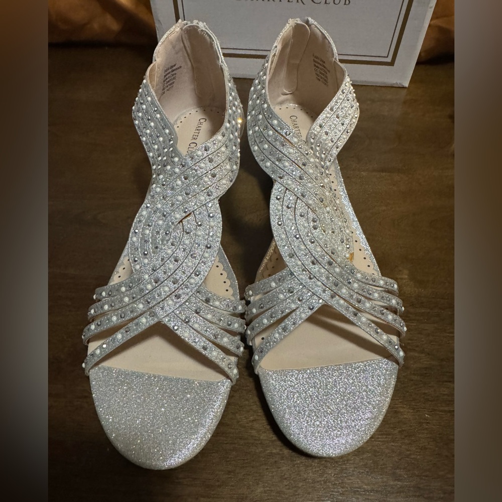 #1514 CHARTER CLUB FORMAL SANDALS. SMAL WEDGE HEEL. SILVER & PEARLS